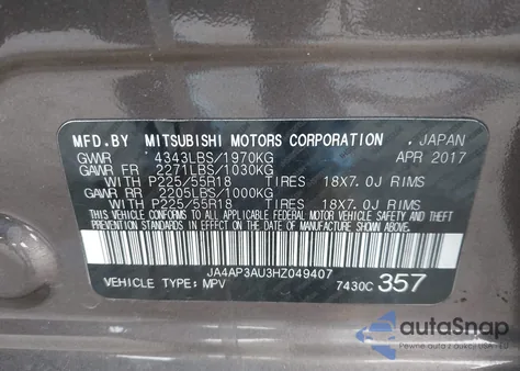 2017 Mitsubishi Outlander Sport 2.0 Es/2.0 Le from USA, damaged, VIN JA4AP3AU3HZ049407